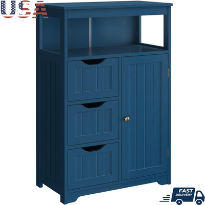Freestanding Bathroom Storage Cabinet W/ Open Shelves & Multiple Drawers Blue US