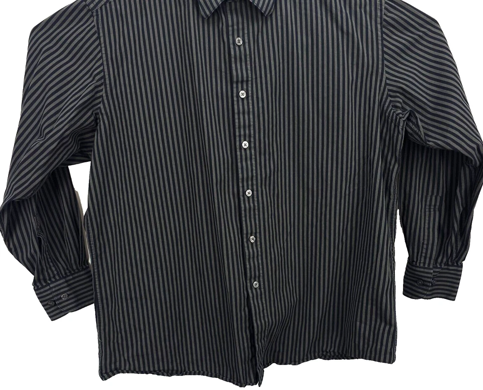 Camisa para hombre Claiborne talla 17,5 34-35 manga larga abotonada negra/gris a rayas Foto 4 de 4