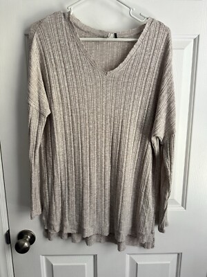 Women s Anthropologie Akemi + Kin Ribbed Long Sleeve V Neck Blouse Top Oatmeal S