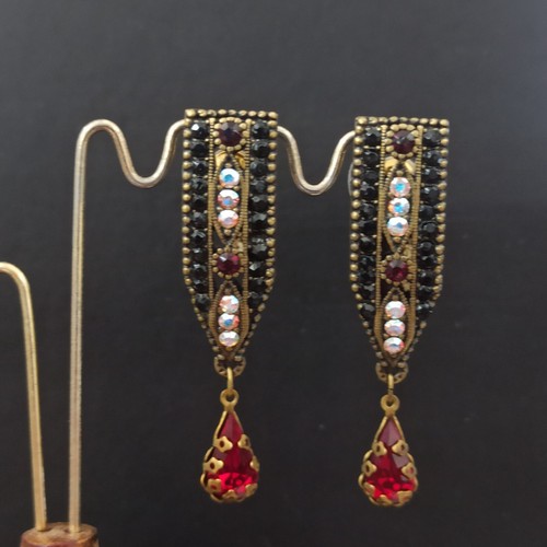 Michal Negrin Earrings Black Red Aurora Borealis Crystals Geometric Post Deco - Picture 8 of 15