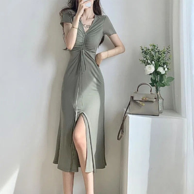 Korean Fashion Women Long Dress Summer Elegant Drawstring V-Neck Slim Fit Split 