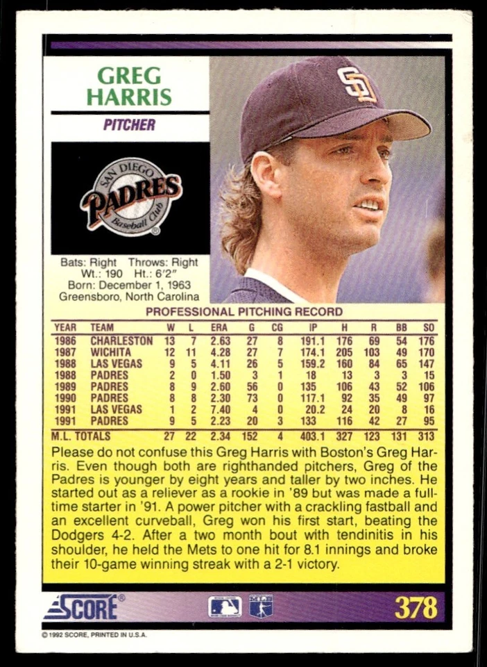 1992 Score Greg Harris San Diego Padres #378 - Image 2 of 2