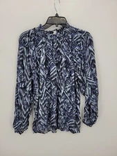 BeachLunchLounge Top Womens Large Blue Geo Print Beachy Boho Mock Neck Flowy