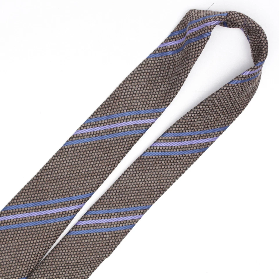Josiah France Mens Wool Silk Necktie Brown Blue Triple Tonal Stripe Tie Italy - Image 4 of 4