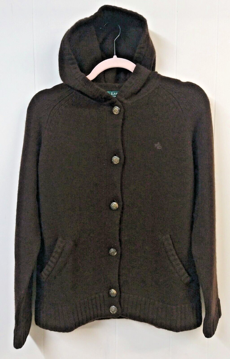 Lauren Ralph Lauren WM S Brn Button Cardigan Hoodie Sweater Wool