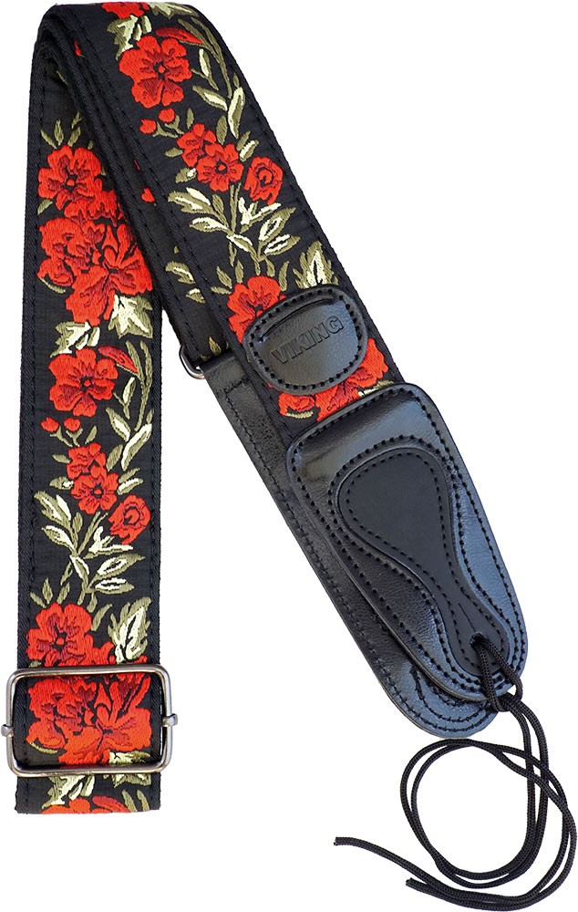 Attractive & adjustable COTTON GUITAR STRAP by Viking. Red roses pattern.