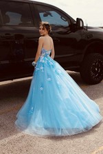 Sherri Hill Blue Formal Gown Floral Appliqué Sleeveless Spaghetti Straps Slit