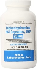 DIPHENHYDRAMINE 25MG 1000ct capsules, SDA LABS, Allergy Relief Exp- 12/2028