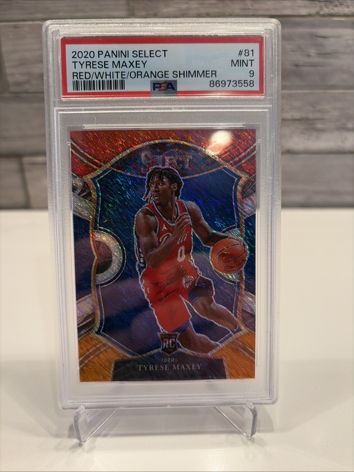 2020-21 Panini Select #81 Red/White/Orange Shimmer Tyrese Maxey RC 76ers PSA 9