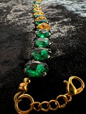 Emerald & Yellow Gold Rhinestone Necklace Encrusted Round Horse eye oval 18 in