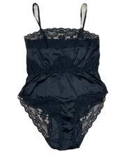 Vintage WONDERMAID Slip TEDDY Hi-Cut ROMPER Black Satin FLORAL Lace  - Size 34