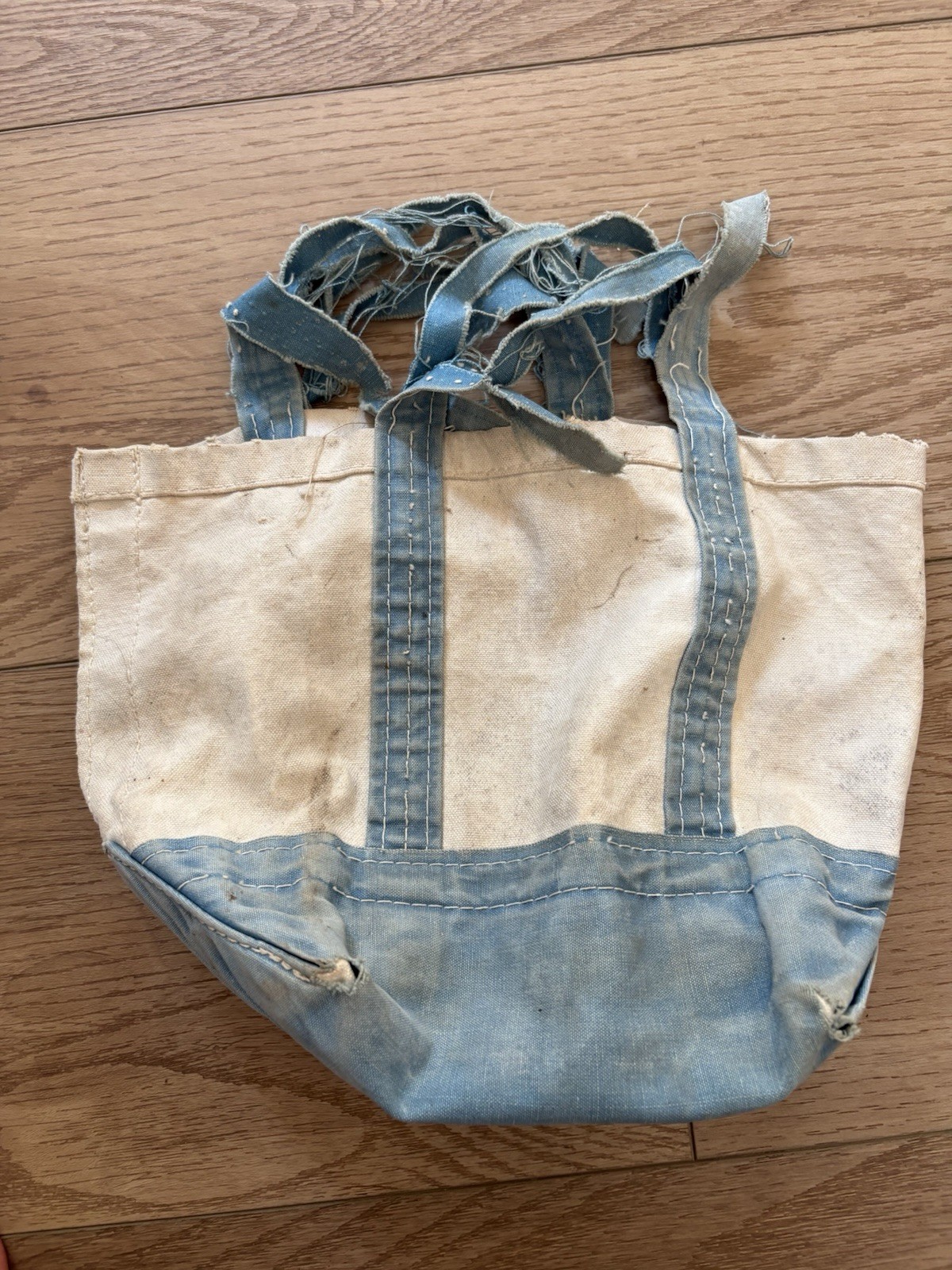 Vintage Very Distressed Canvas Tote Bag Shredded Handles Blue 10x9”