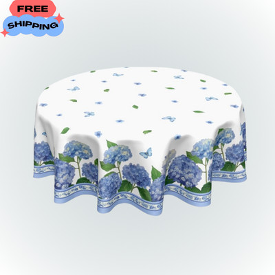 60'' Round Tablecloth - Blue Hydrangea Floral Butterfly - Rustic Farmhouse Decor