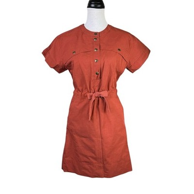 Soeur Mia S/4 Technical Rust Red Cotton Canvas Belted Short Sleeve Mini Dress