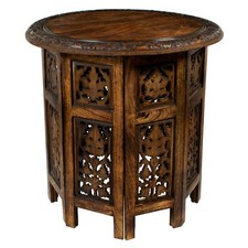 Solid Wood Accent End Table - Hand Carved Vintage Boho Folding Side Table - S...