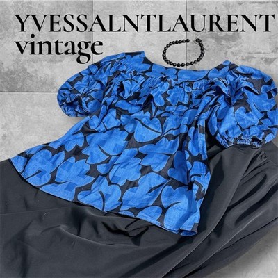 Seltene YSL Vintage Bluse blau schwarz Blumen Puffärmel Rüschen S