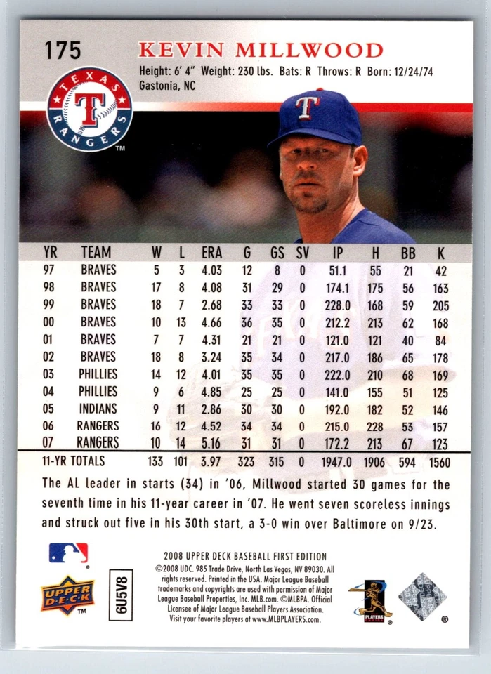 2008 Upper Deck First Edition Kevin Millwood Texas Rangers #175 - Image 2 of 2