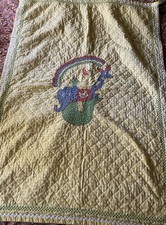 Vintage Quilted Baby Blanket Yellow Gingham Rainbow Noah  s Ark Embroidered