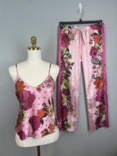 Victoria's Secret Pink Satin Cami and Pants Pajama Set Size Medium Floral Stripe