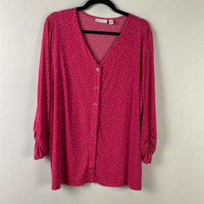 Susan Graver Printed Liquid Knit Button-Front Shirt Size XL Pink 3/4 Ruched Slv