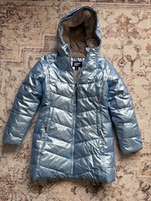 Lands End Girls Metallic Blue Sherpa Lined Hooded Quilted Parka Medium