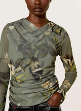 All Saints Hanako Olive Green Floral Wrap Mesh Top Size UK 10 Pristine Condition