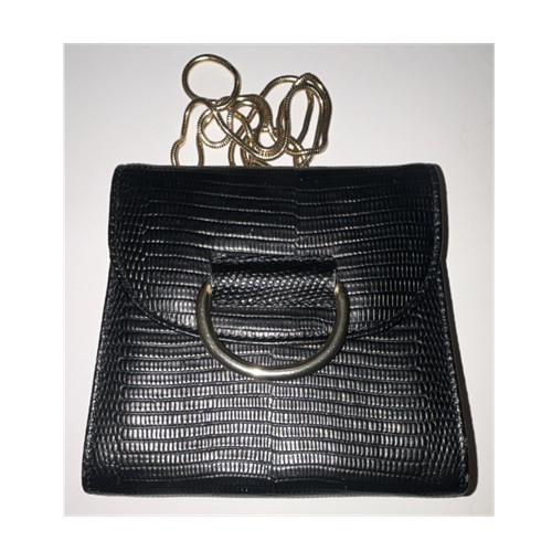 Little Liffner Black Embossed Animal Print Shoulder Bag Gold Chain Metal Ring