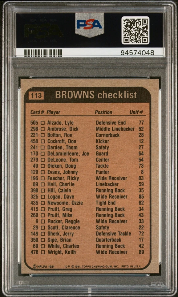 1981 Topps Browns Team Leaders #113 Checklist PSA 9 - Image 2 of 2