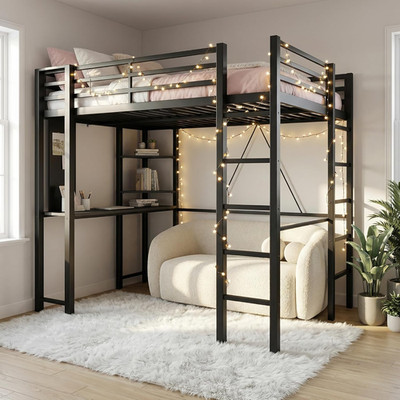 SUNLEI Loft Bed with Desk, Metal Loft Bed Full Size with 2 Built-In Ladders, Spa