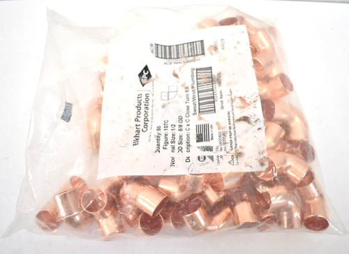 Lot of 50 Elkhart 10031272 Close Turn Elbows 1/2" x 5/8" OD 107C Copper