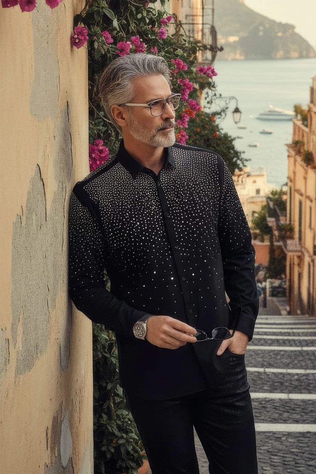 Barabas Men's Rhinestones Jewels Long Sleeve Shirt 4B06 - Image 4 of 4