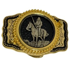 Western Cowboy Native American Horse Rider Belt Buckle Gold Tone Made USA