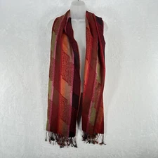 Scarf Womens Cashmere Silk Red Abstract Patchwork Woven Neck Wrap Tassels Artsy
