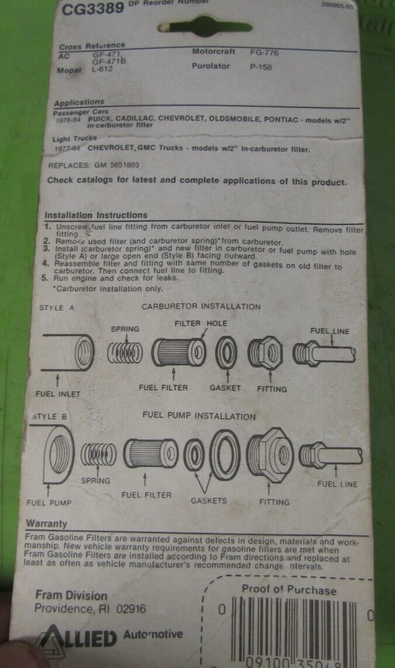 Filtro de combustível FRAM p/n CG3389 para BUICK, CADILLAC, CHEVROLET, OLDSMOBILE CG-3389 - Imagem 3 de 3