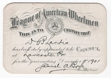 1901 Bicycle Club Membership Card League Of American Wheelmen (LAW) Consul Card
