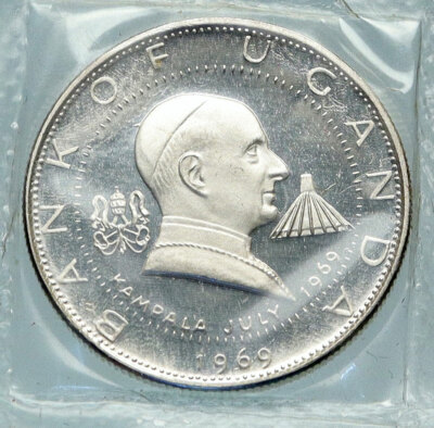 1969 UGANDA Visit POPE Paul VI Antique OLD Genuine Silver 2 Shilling Coin i84056