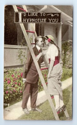 I'D LIKE TO HYPNOTIZE YOUR Romance Couple Ladder Kissing Postcard c.1910