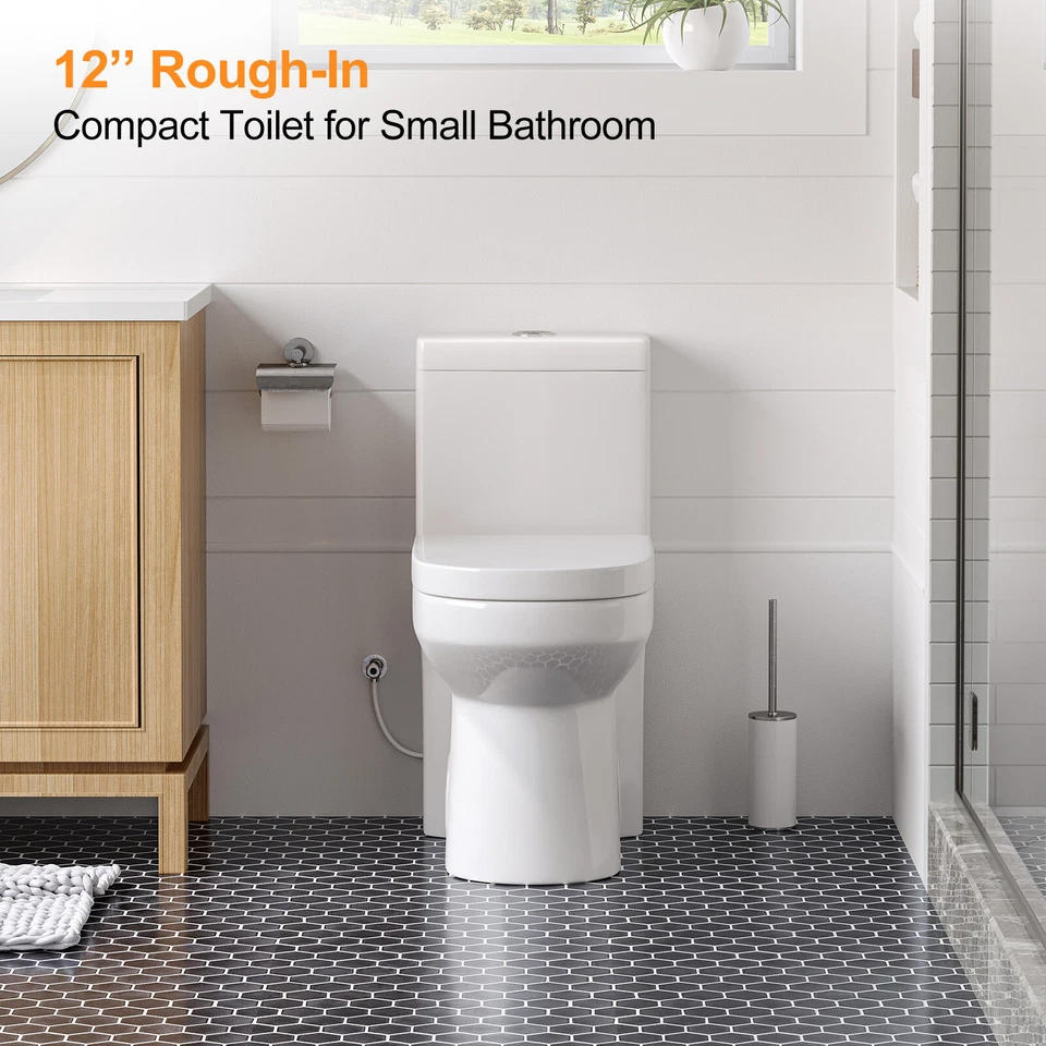 HOROW Small Modern One Piece Toilet Elongated Dual Flush w/ Soft Close Seat - Image 2 of 4