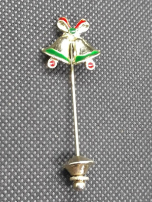 Vintage Christmas Bells Stick Pin Red Ribbon Women's Jewelry ~ Ships FREE
