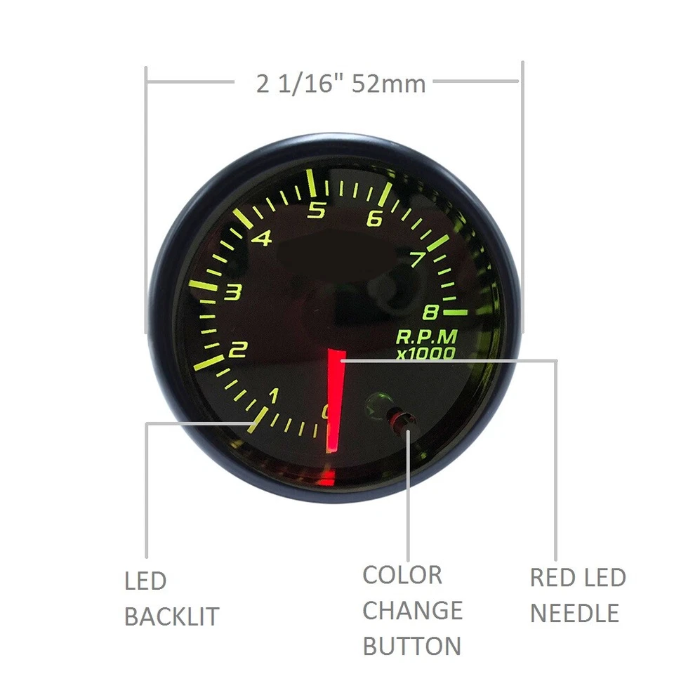 2" 52mm Digital Pointer 7 Color LED 12V 0~8000 RPM Tacho Gauge Tachometer Meter - Image 2 of 4
