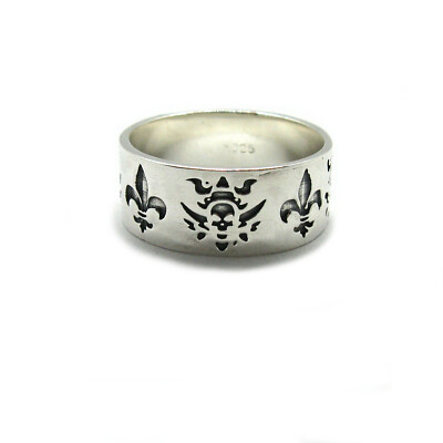 Genuine Sterling Silver Solid Punctured Ringband 925 Fleur de Lys Skull