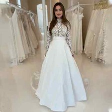 Satin High Neck Wedding Dresses Full Sleeves Lace A-line Formal Bridal Growns