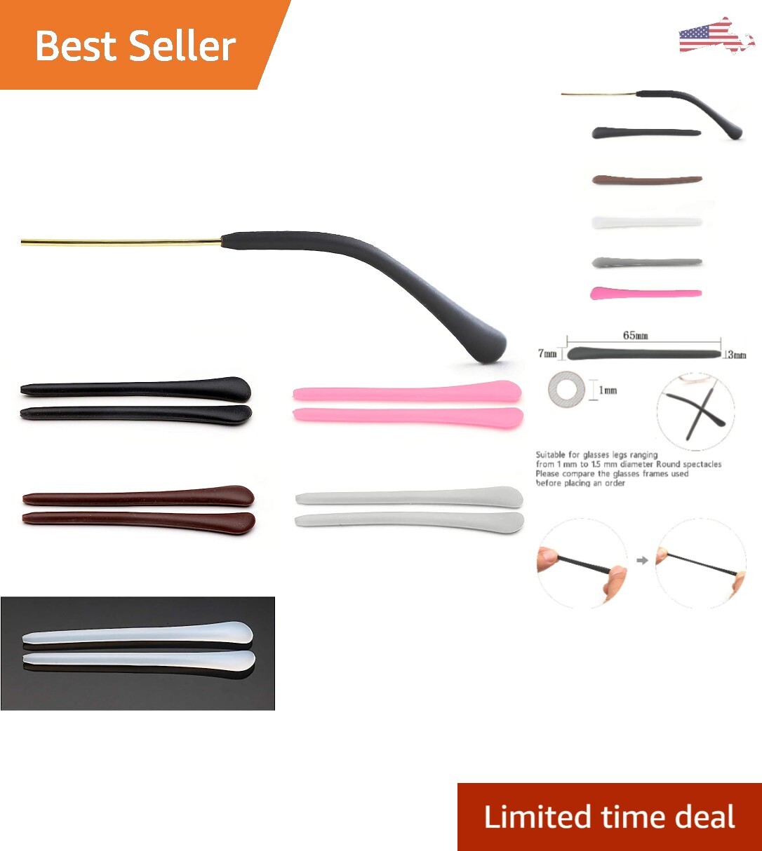 5 Anti-Slip Silicone Eyeglass End Tips - Sport Glasses Ear Hooks - Versatile