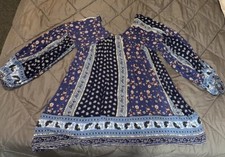 Velzera Womens Blue Floral Balloon Sleeve V Neck Boho Tunic Dress M country 