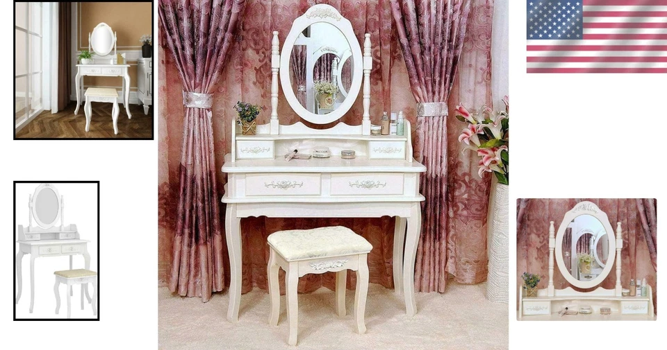 Juego de tocador blanco para joyería maquillaje con taburete 4 cajones espejo madera escritorio Foto 2 de 4