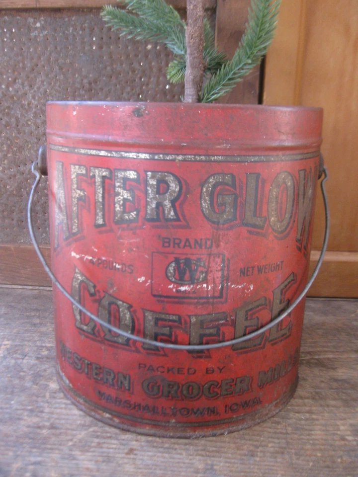 LG Antique Tin After Glow Coffee Pail w Primitive Christmas Tree - Image 3 of 4