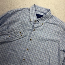 David Donahue Mens Blue White Plaid Cotton Button Down Shirt Large