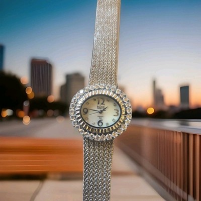 Burgi Watch Women Diamond Dial 35mm Silver Tone Adjustable Band New Battery