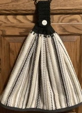 Double hanging kitchen towel stripes abstract crocheted Dk Gray top