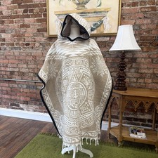 Mexican Hoodie Poncho Blanket Hooded Aztec Mayan calendar Boho Unisex Tan Cream
